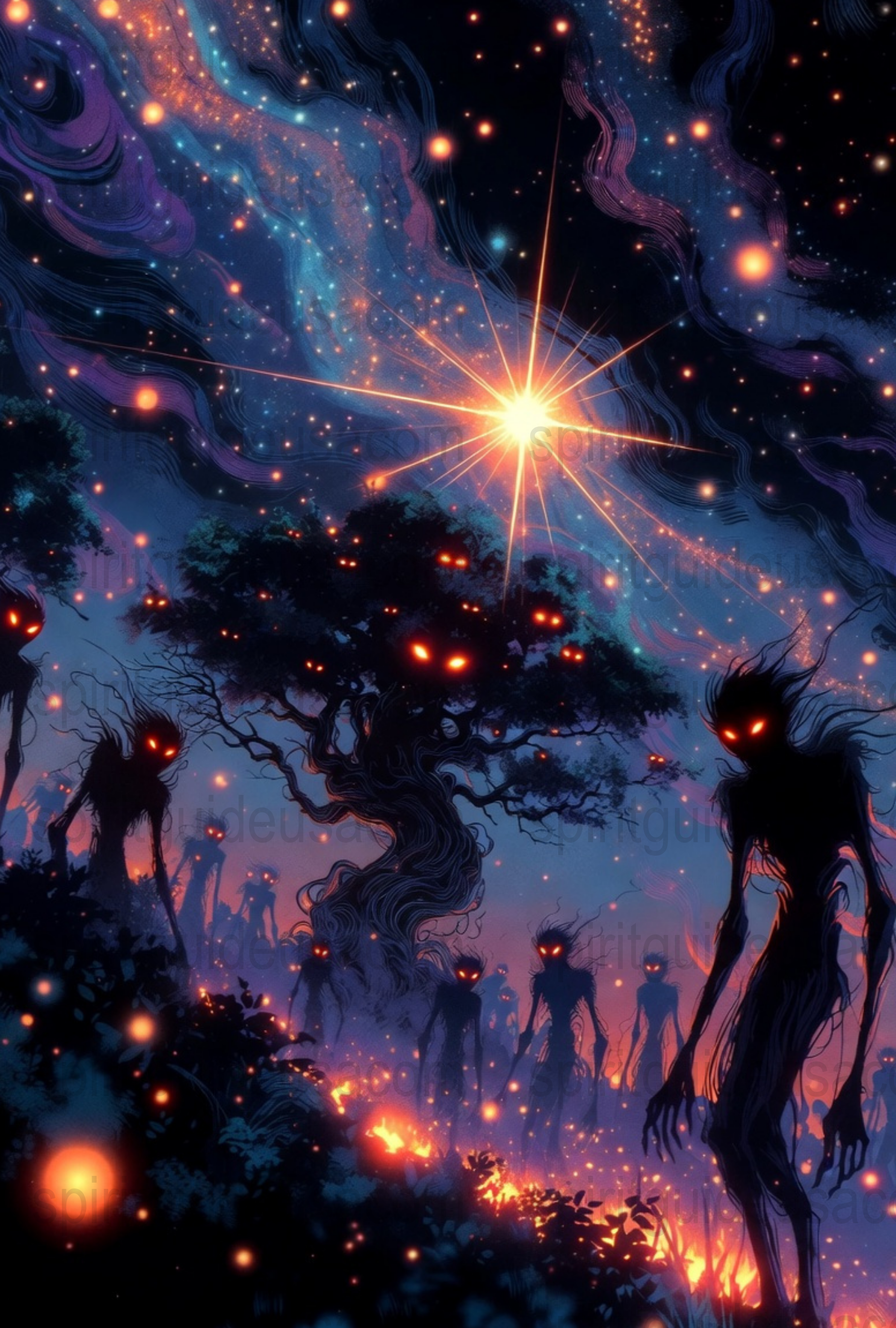 Mystical Night Sky Canvas Print, Celestial Tree Art, Fantasy Forest Wall Decor, Starry Space Poster, Enchanted Woodland Illustration