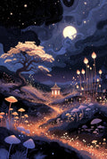 Enchanted Night Landscape Art Print, Mystical Forest with Moon, Starry Sky Poster, Fantasy Nature Wall Decor, Magical Pathway Illustration