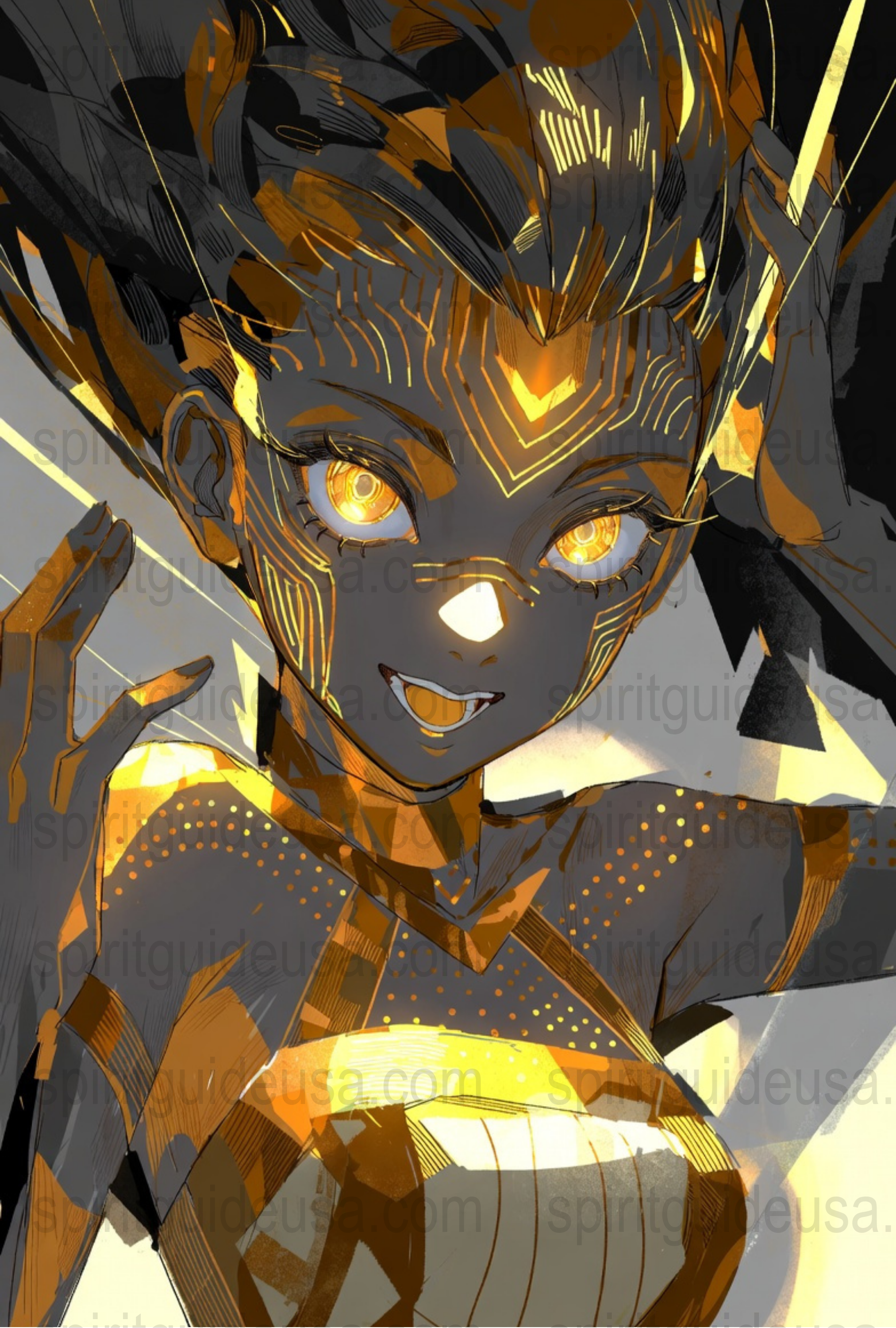 Futuristic Golden Warrior Art Print, Vibrant Sci-Fi Wall Art, Unique Home Decor, Cybernetic Female Illustration