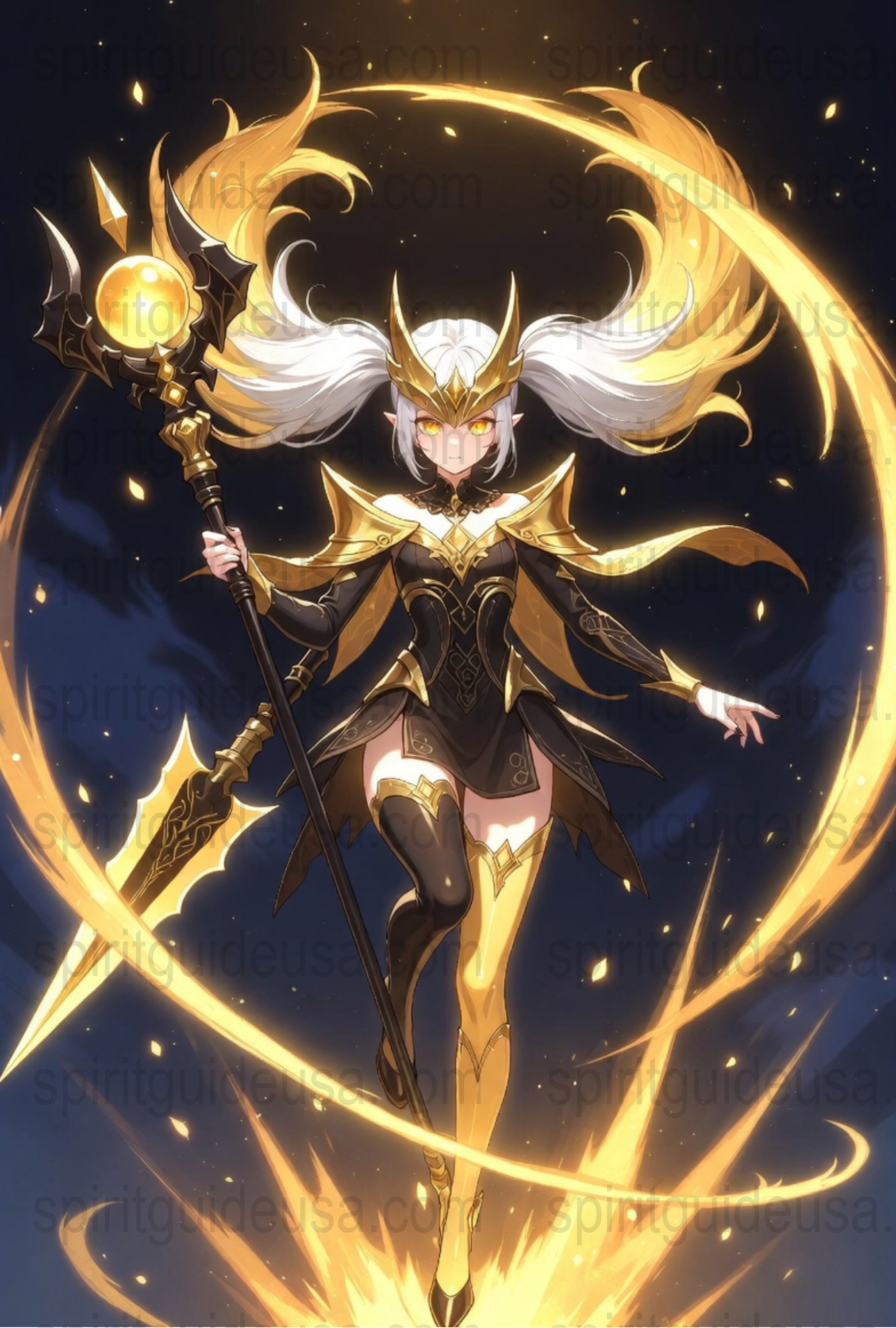 Fantasy Warrior Princess Art Print, Mystical Female Knight with Spear, Golden Aura Poster