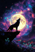 Wolf Howling at Moon Fantasy Art Print, Cosmic Galaxy Sky Poster, Vibrant Wall Decor, Mystical Night Scene Illustration