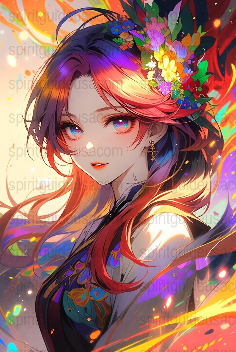 Anime Art Print, Vibrant Female Character, Floral Headdress, Red Hair, Colorful Fantasy Poster, Unique Wall Decor, Gift Idea