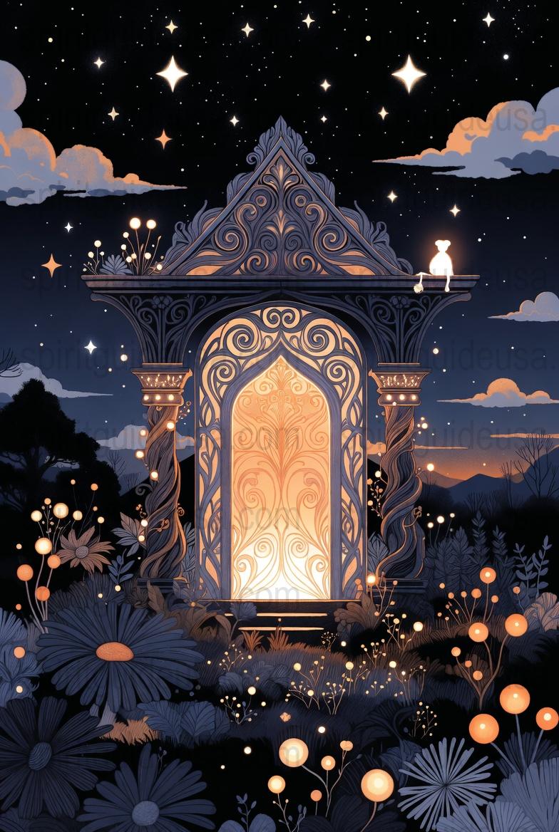 Mystical Night Garden Lantern Art Print, Starry Sky Floral Doorway Poster, Fantasy Wall Decor, Celestial Home Decoration