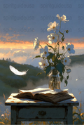 Vintage Book and White Anemone Flowers Art Print, Rustic Home Decor, Nature Inspired Wall Art, Peaceful Sunset Scenery