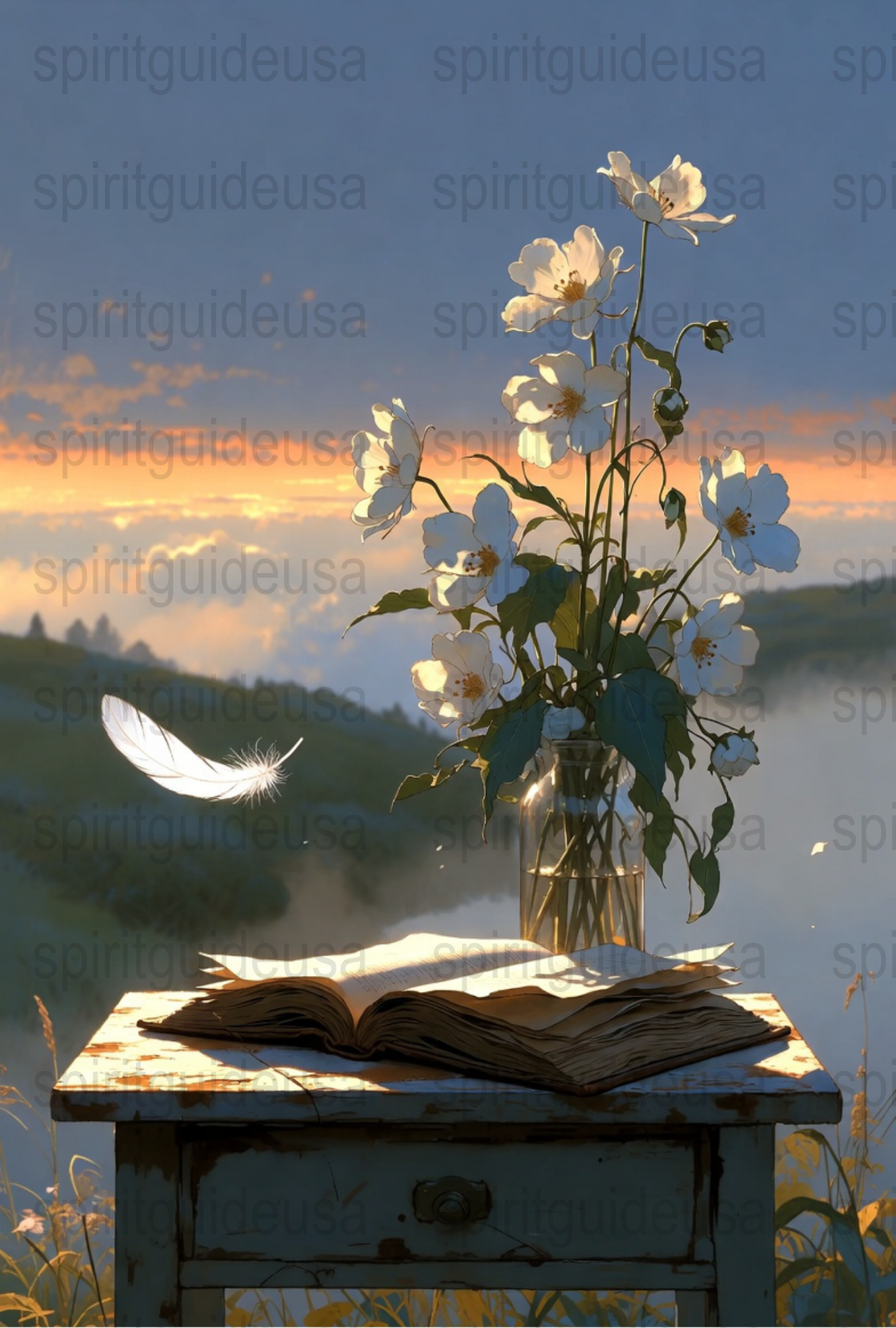 Vintage Book and White Anemone Flowers Art Print, Rustic Home Decor, Nature Inspired Wall Art, Peaceful Sunset Scenery