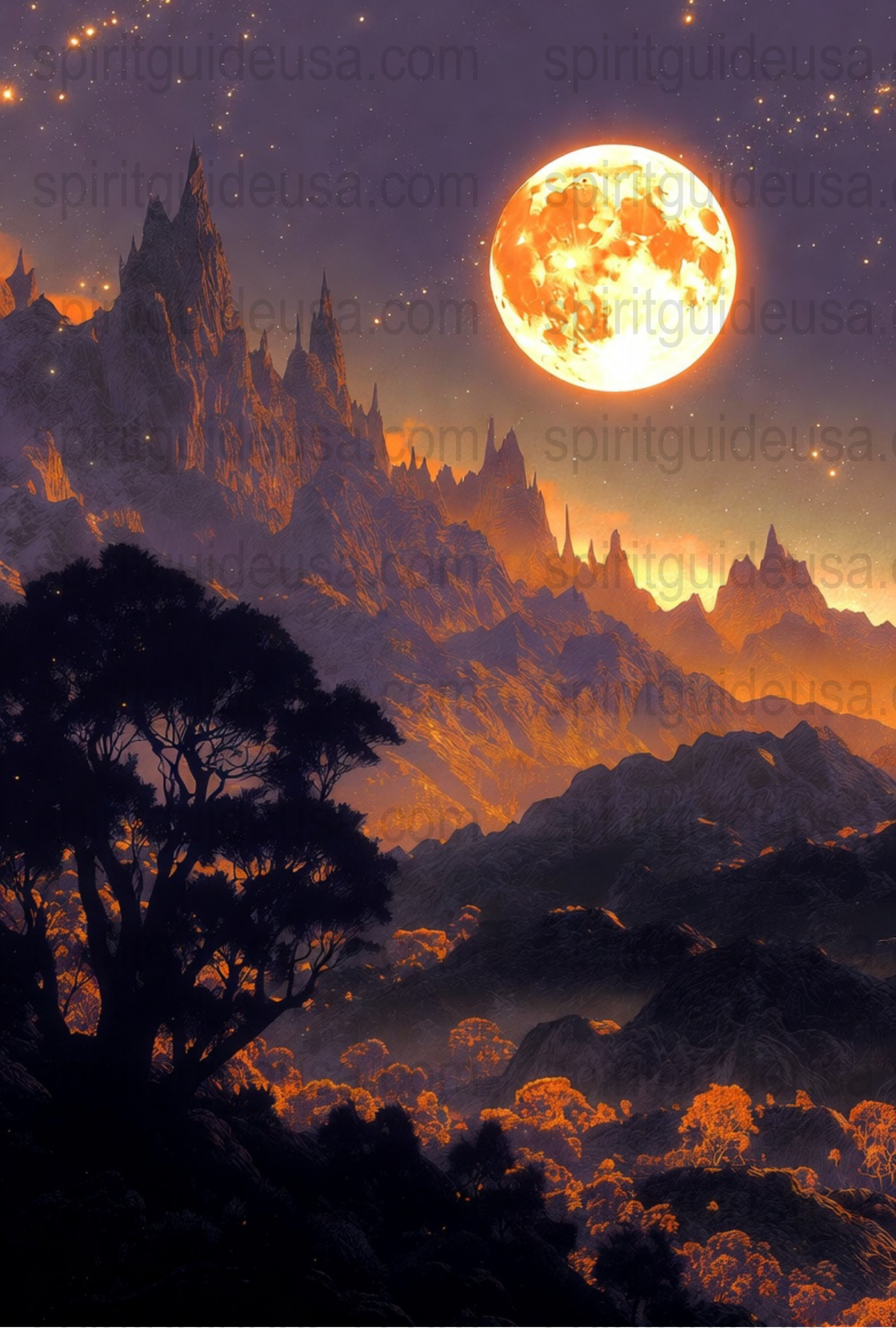 Fantasy Art Print, Enchanted Moon Over Mystical Mountains, Vibrant Wall Decor, Magical Landscape Poster, Home Decoration, Unique Gift