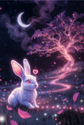 Enchanted Forest Art Print, Moonlit Bunny and Magical Tree, Fantasy Landscape, Mystical Night Sky, Glowing Petals, Wall Decor