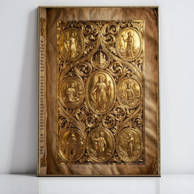 Vintage Religious Icon Wall Art, Gold Embossed Metal Christian Decor, Antique Church Plaque, Sacred Figures and Architecture Detailing