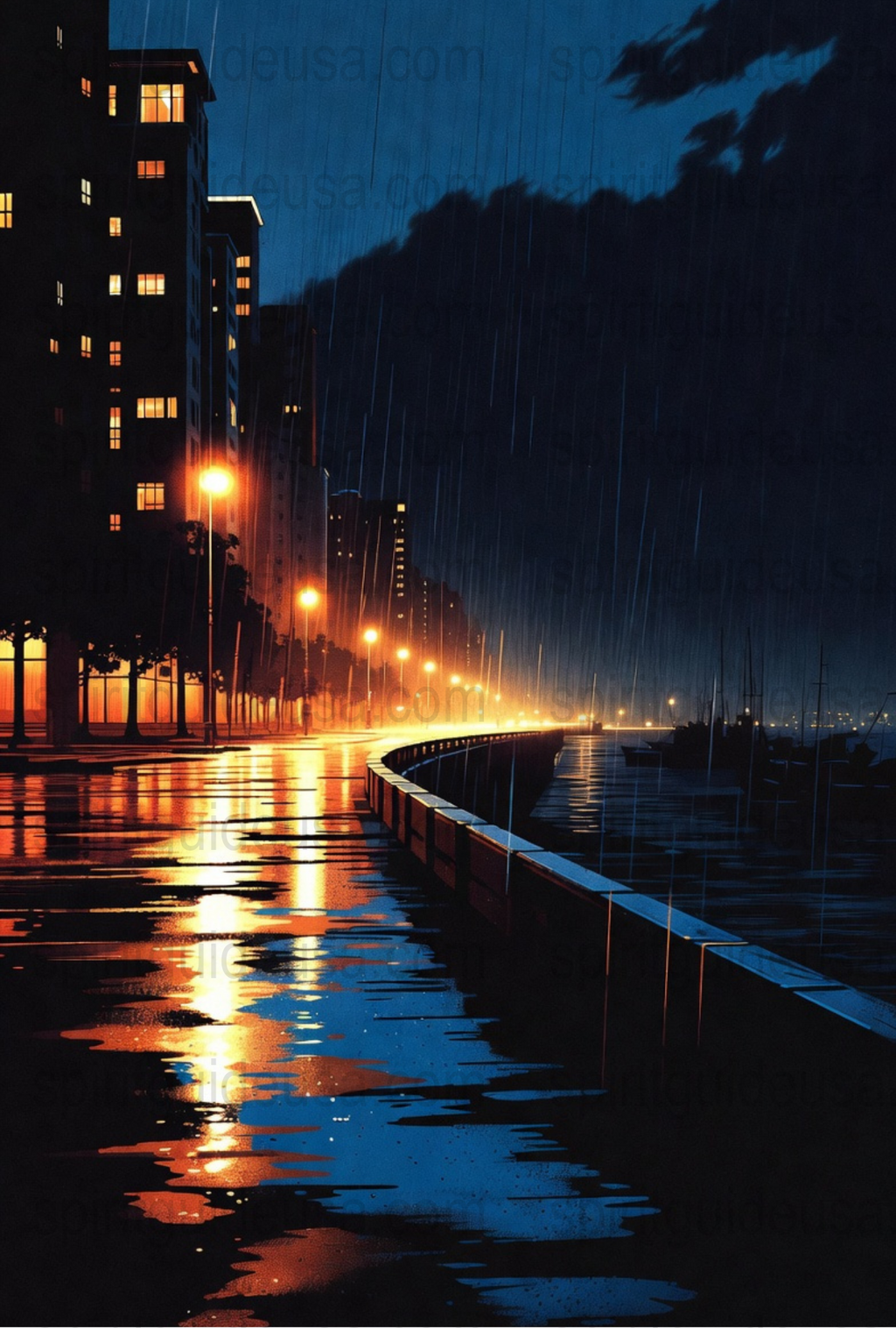 Rainy Night City Street Art Print, Urban Landscape Poster, Atmospheric Wall Decor, Moody Illustration