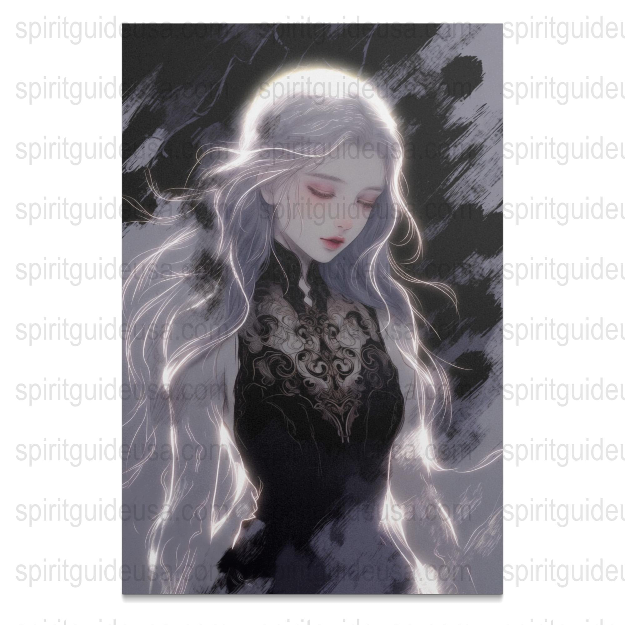 Ethereal Fantasy Art Print, Mystical Woman with Silver Hair, Enchanted Dark Forest Poster, Magical Wall Decor