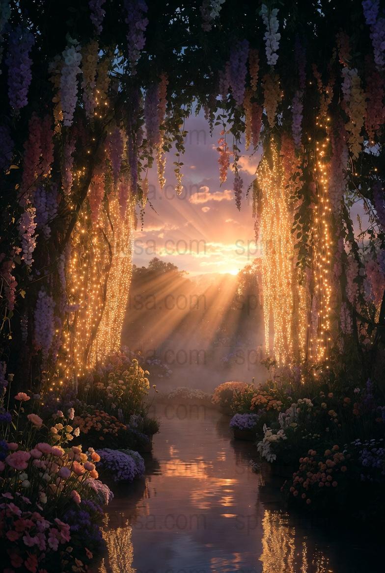 Enchanted Garden Sunset Print, Magical Floral Archway, Fantasy Nature Art, Mystical Outdoor Decor, Dreamy Landscape Poster