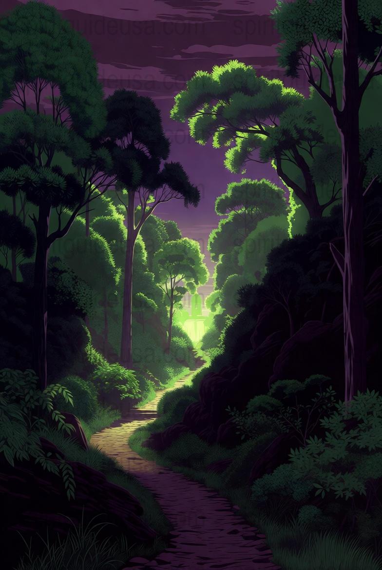 Enchanted Forest Path Art Print, Mystical Woodland Scenery, Purple and Green Nature Wall Decor, Fantasy Landscape Poster, Home Decoration