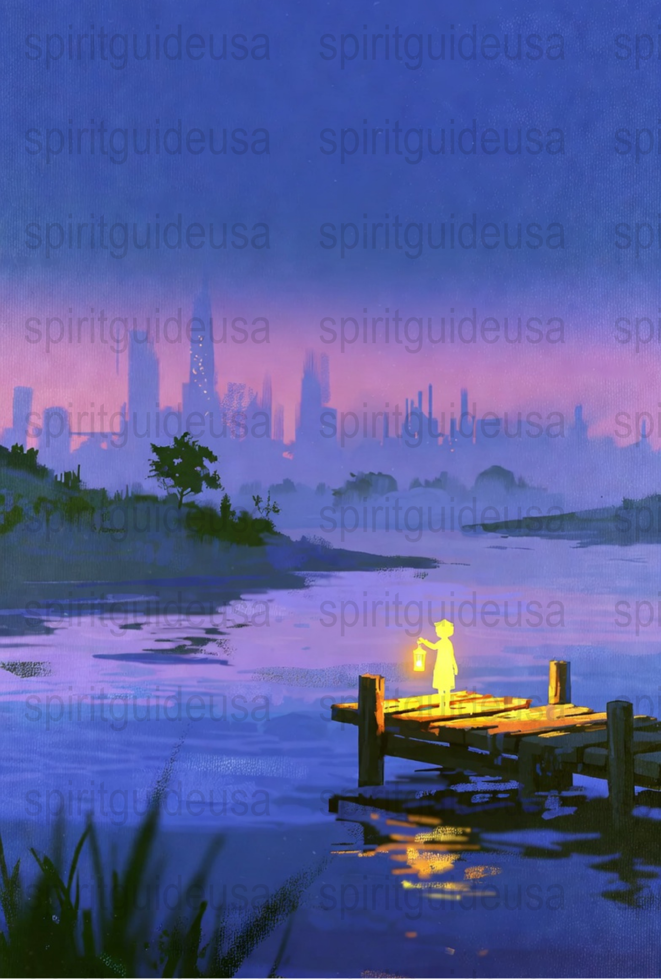 Serene Lake Sunset Art Print, City Skyline Wall Decor, Peaceful Dock and Boat Canvas