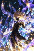Fantasy Anime Art Print, Glowing Warrior with Golden Armor and Magical Sparks, Wall Decor, Collector's Item
