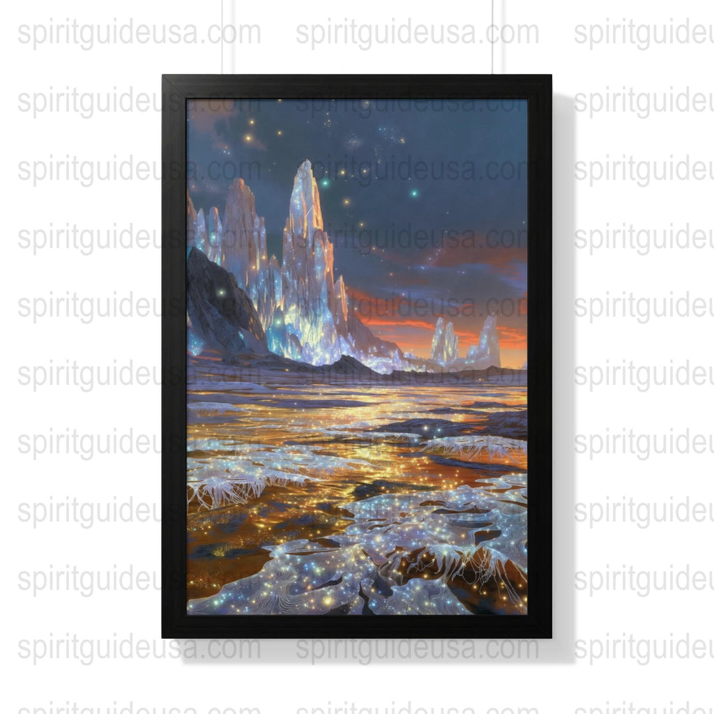 Framed Wall Art Print Fantasy Landscape Crystal Mountains Sunset Home Decor