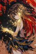 Anime Inspired Canvas Art, Girl with Golden Glitter, Vibrant Red and Black Decor