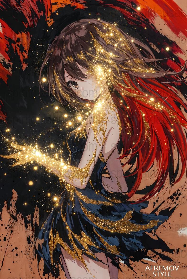 Anime Inspired Canvas Art, Girl with Golden Glitter, Vibrant Red and Black Decor