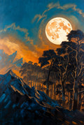 Full Moon Landscape Art Print, Mystical Night Sky with Trees, Blue and Orange Wall Decor, Surreal Nature Painting