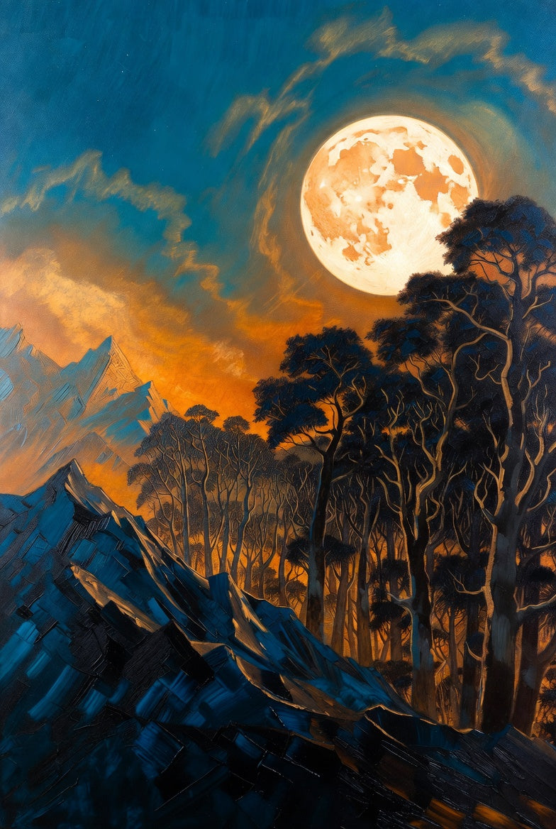 Full Moon Landscape Art Print, Mystical Night Sky with Trees, Blue and Orange Wall Decor, Surreal Nature Painting