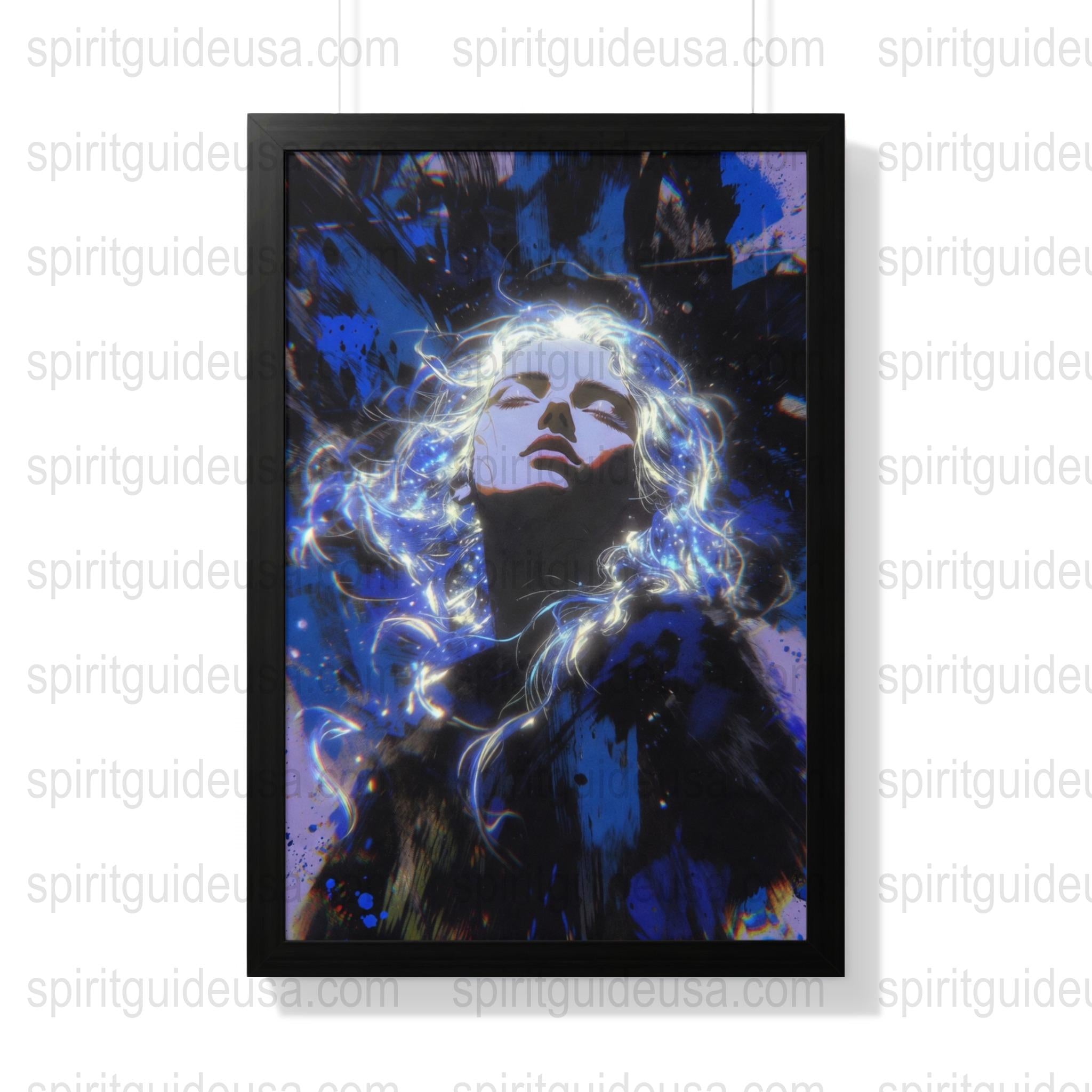 Mystical Art Print, Cosmic Energy Woman Portrait, Blue Light Abstract Painting, Spiritual Wall Decor, Unique Fantasy Artwork