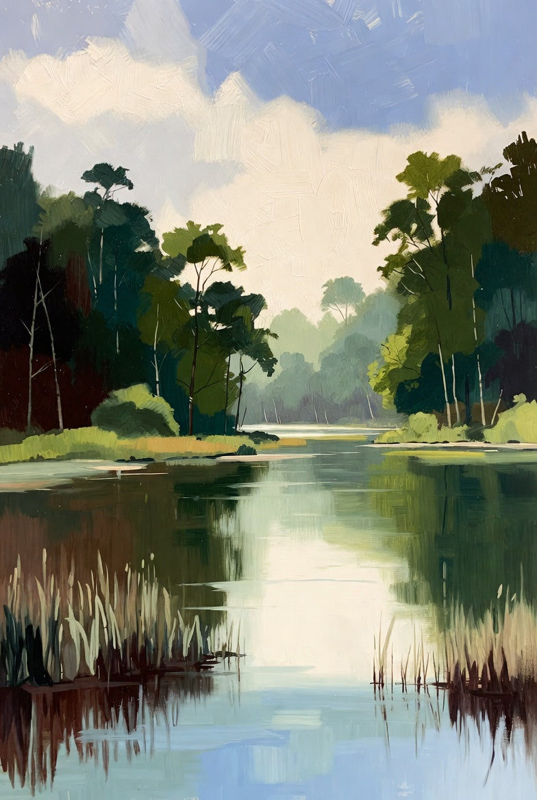 Original Landscape Painting, Tranquil River Nature Scene, Forest Wall Art, Acrylic on Canvas, Home Decor