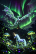 Fantasy Art Print, Dragon and Unicorn, Northern Lights Background, Mystical Forest Decor, Magical Creatures Poster