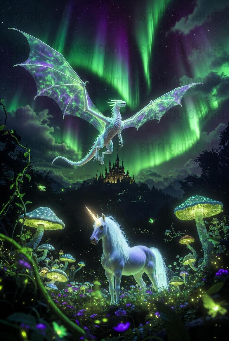 Fantasy Art Print, Dragon and Unicorn, Northern Lights Background, Mystical Forest Decor, Magical Creatures Poster