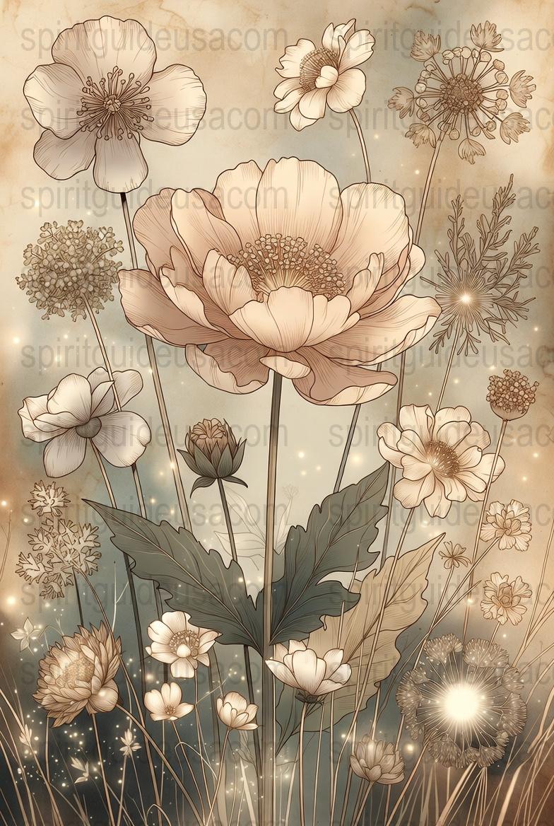 Vintage Floral Art Print, Botanical Illustration Poster, Neutral Tones Wall Decor, Rustic Home Decoration, Nature Inspired Artwork