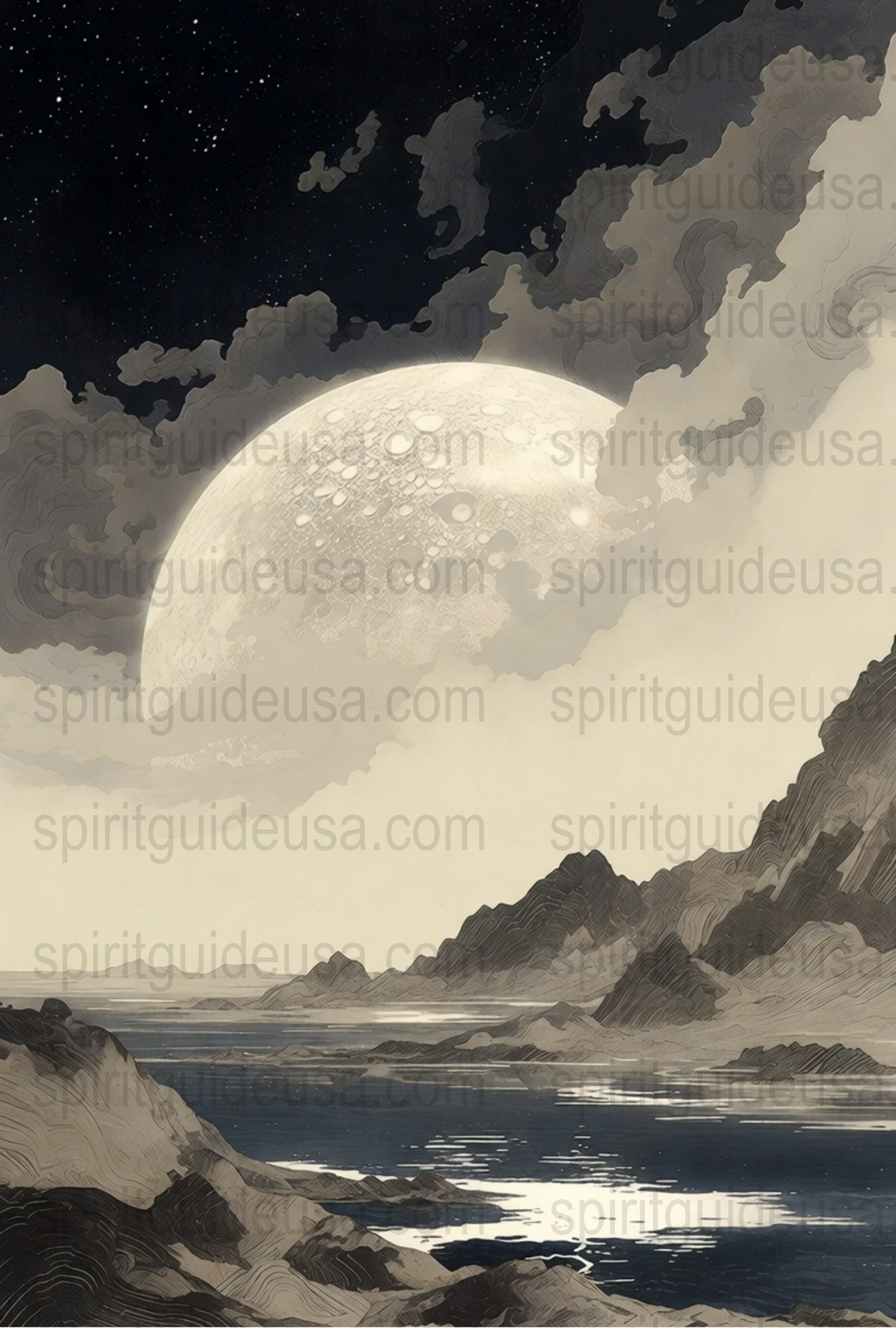 Moonlit Mountain Landscape Print, Vintage Style Full Moon Art, Celestial Night Sky Wall Decor