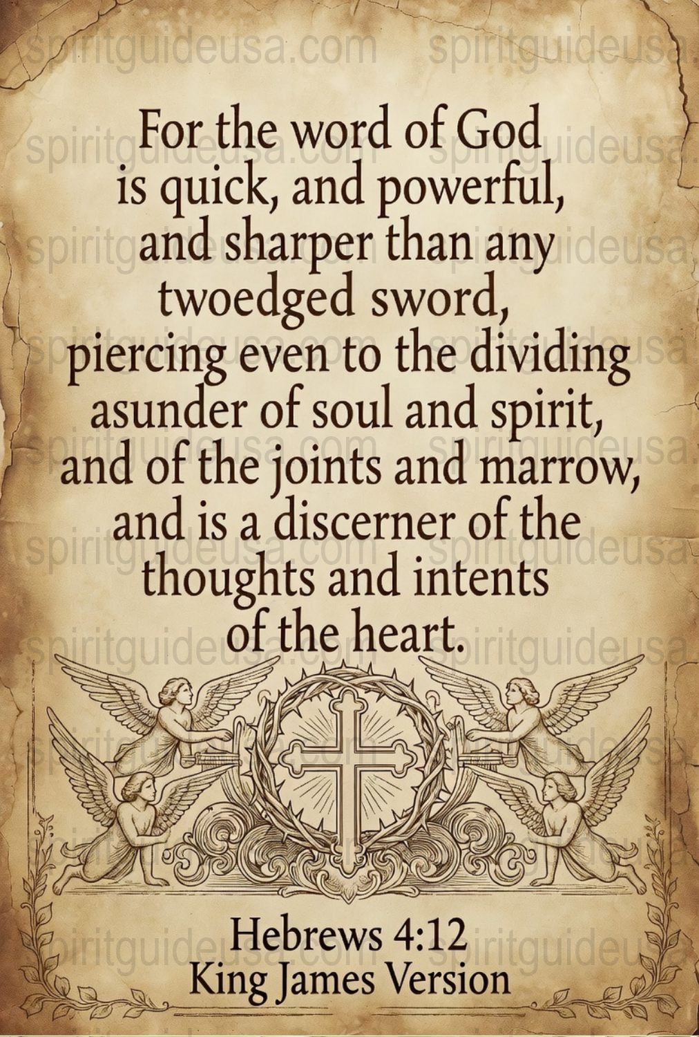 Vintage Bible Verse Print Hebrews 4:12 Christian Scripture Wall Art Decor with Angels and Cross Design