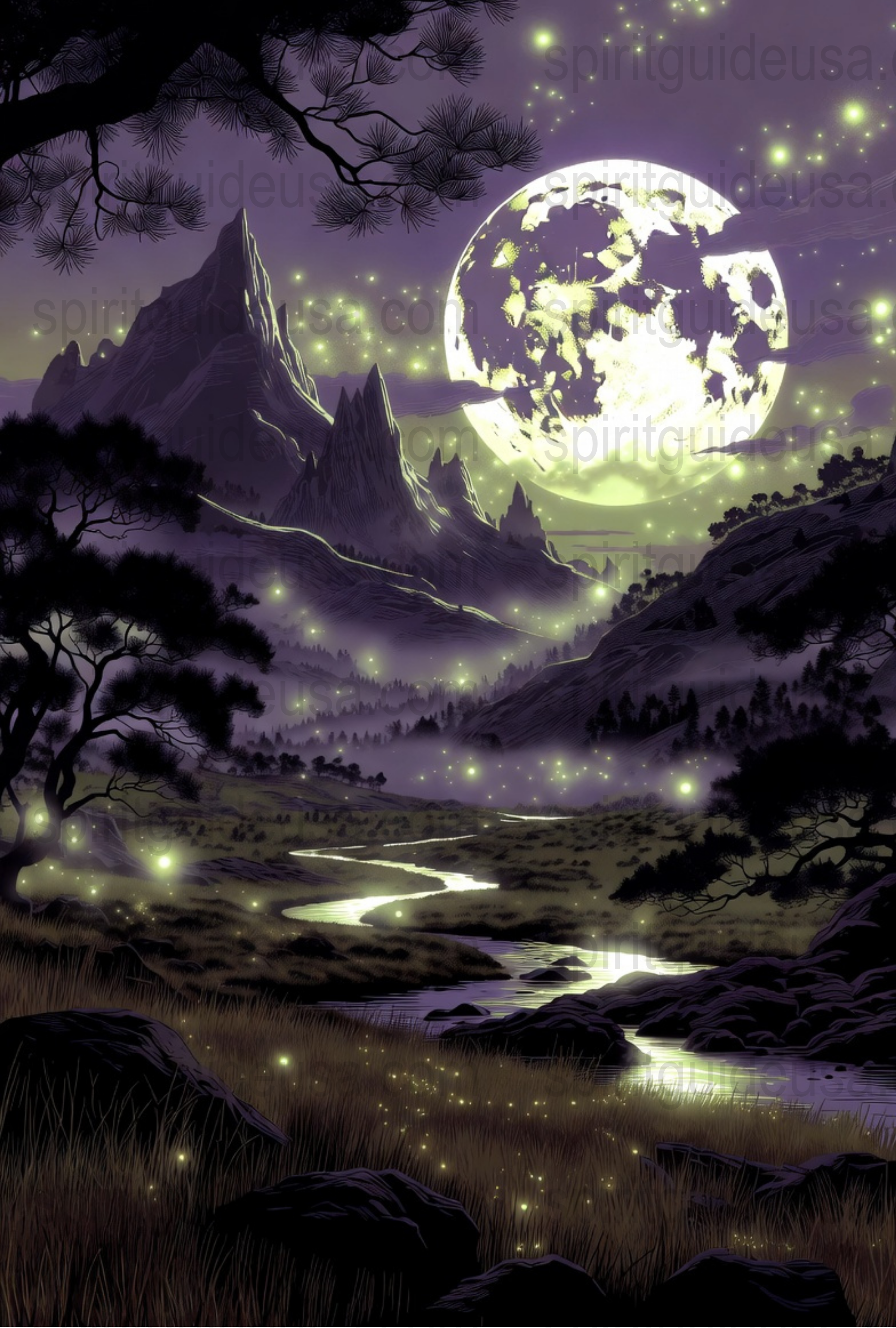 Moonlit Fantasy Landscape Poster, Enchanted Forest Art Print, Mystical Moon Wall Decor, Nature and Moonlight Scenery Artwork