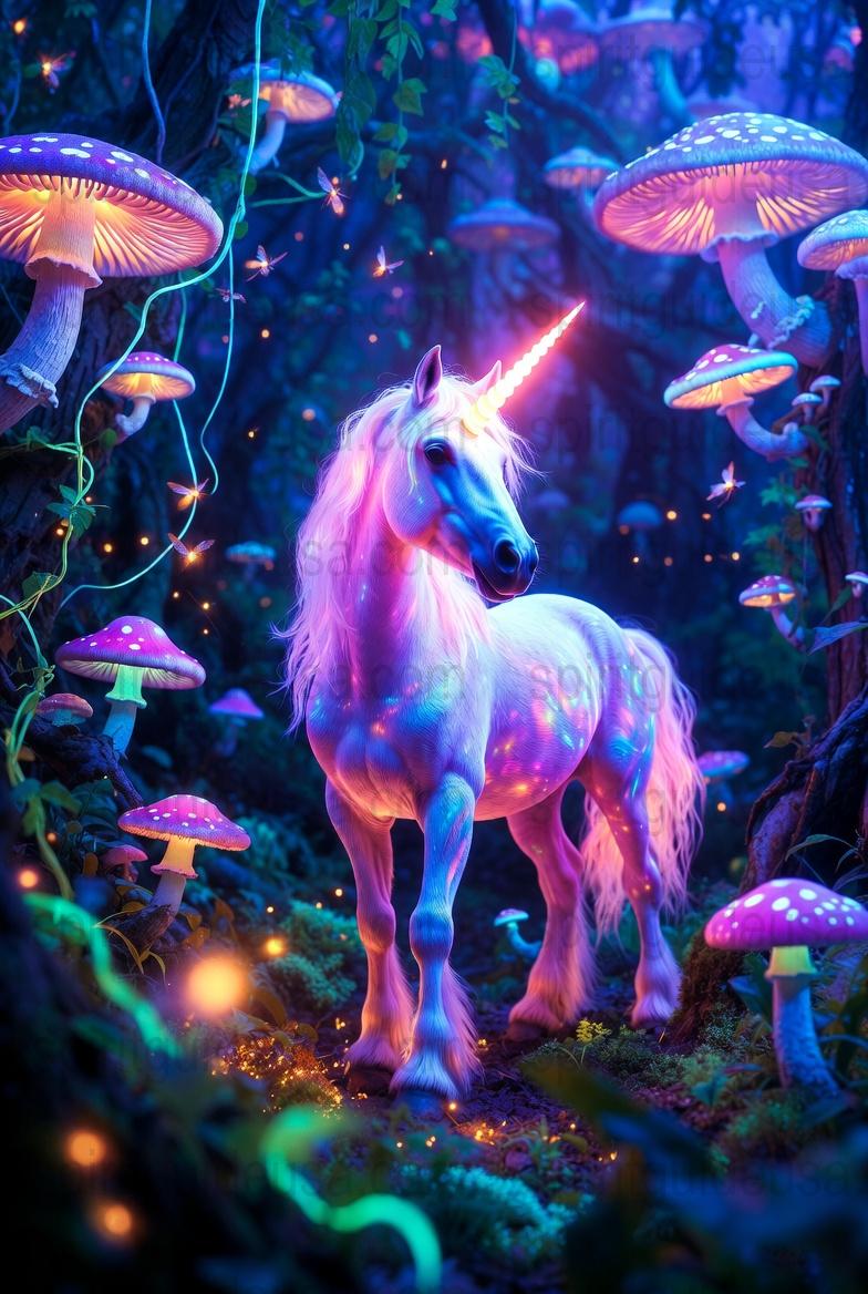 Unicorn Poster, Magical Forest with Glowing Mushrooms, Fantasy Wall Art, Colorful Mystical Decor