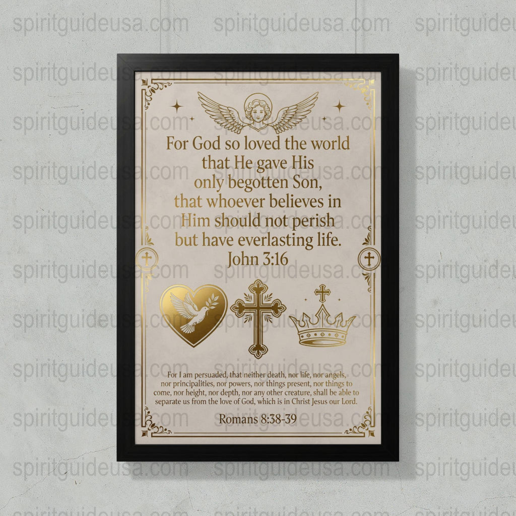 Christian Wall Art Print with John 3:16 Verse, Religious Home Decor, Framed Scripture, Inspirational Quote, Gold Heart and Crown Design