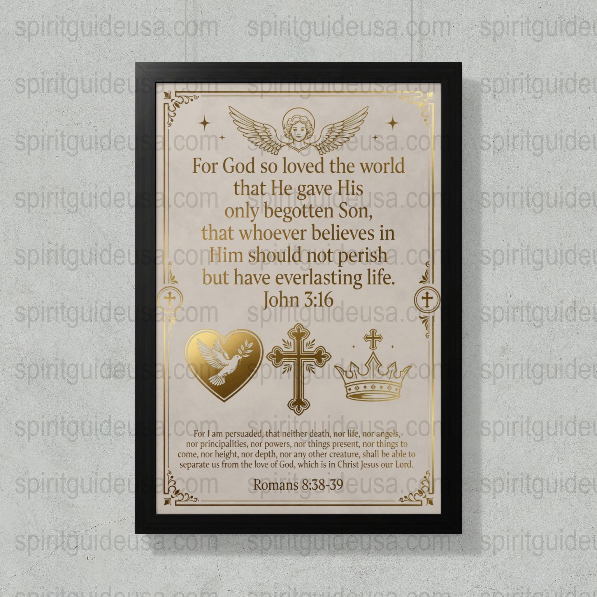 Christian Wall Art Print with John 3:16 Verse, Religious Home Decor, Framed Scripture, Inspirational Quote, Gold Heart and Crown Design
