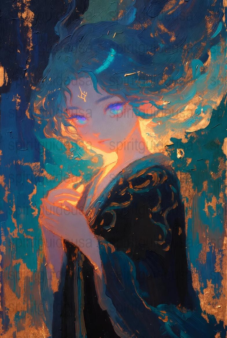 Mystical Blue Portrait Woman Canvas Print, Starry Night Aesthetic Wall Art, Vibrant Home Decor