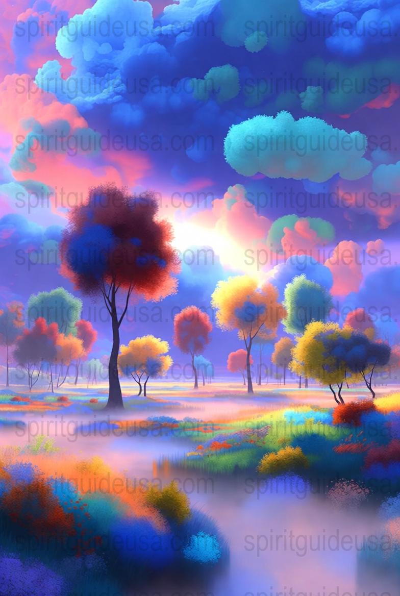 Enchanted Forest Canvas Print, Colorful Dreamlike Landscape Wall Art, Mystical Trees and Clouds, Vibrant Home Decor