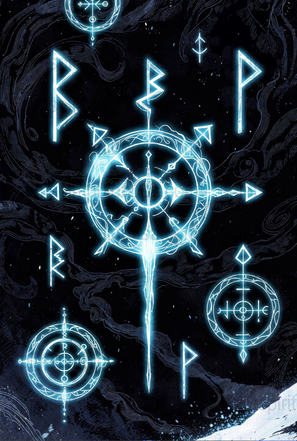 Mystical Blue Neon Sigils and Symbols Art Print, Celestial Nordic Runes Poster, Wall Decor