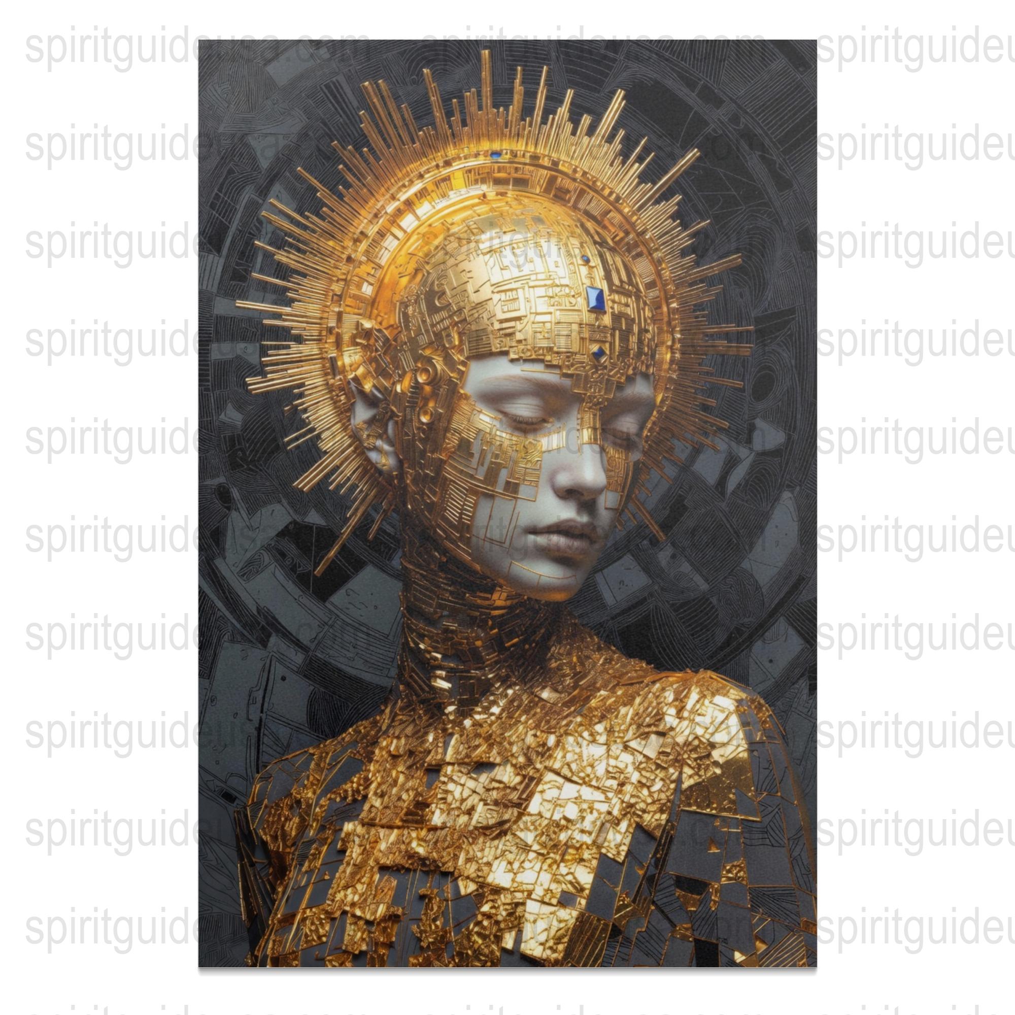 Futuristic Gold Cyborg Canvas Print, Modern Sci-Fi Wall Art, Techno Aesthetic Decor, Large Abstract Robot Artwork for Home