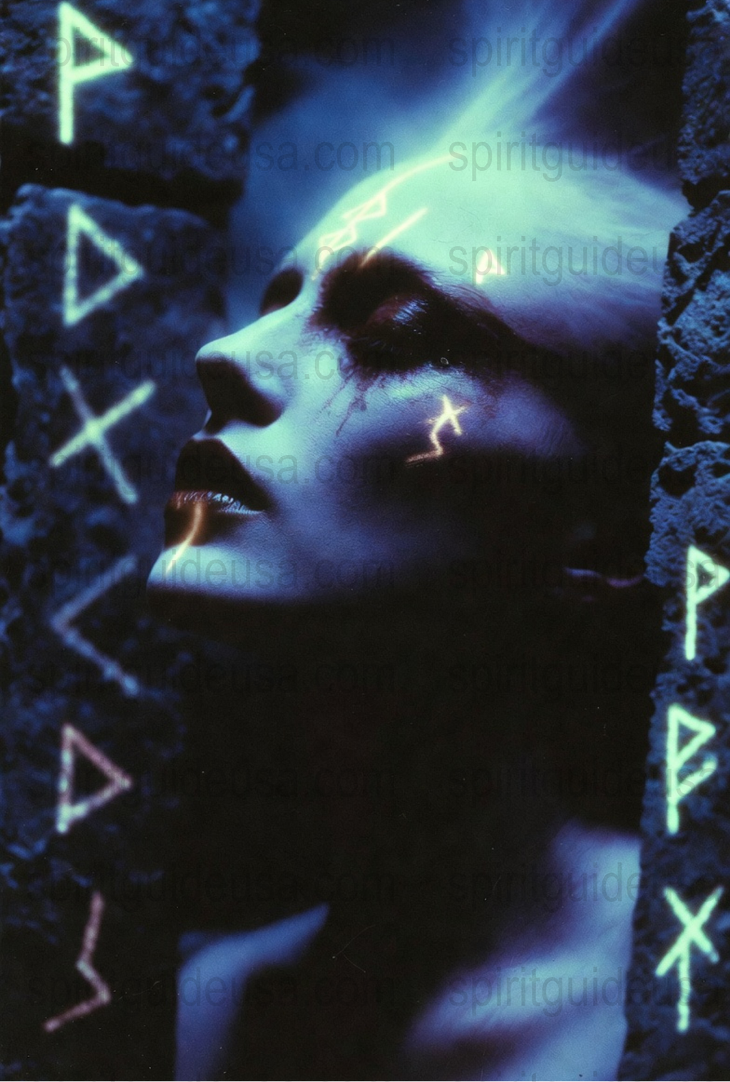 Mystical Blue Neon Light Art Print, Abstract Woman Portrait, Spiritual Wall Decor, Cosmic Energy Poster