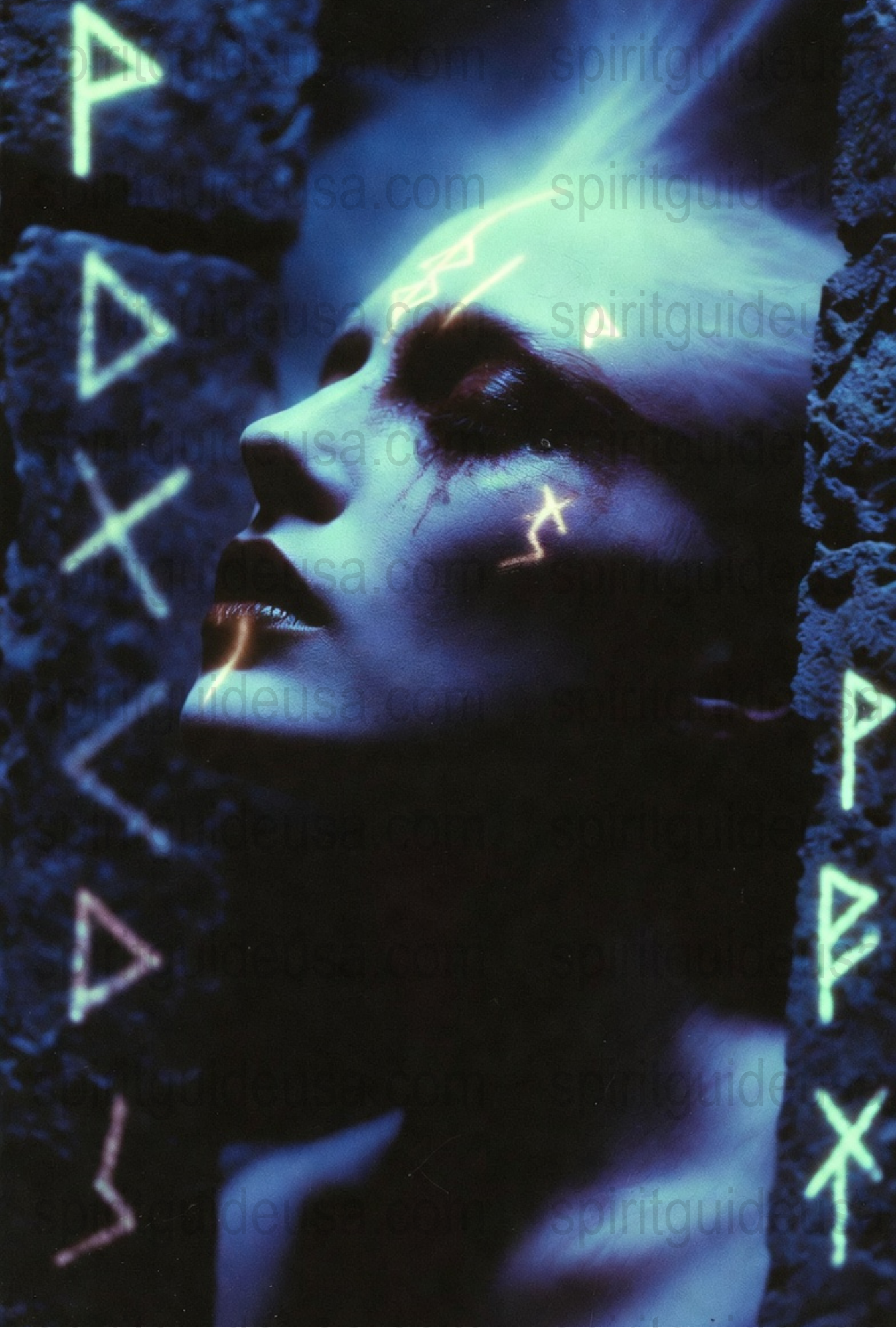 Mystical Blue Neon Light Art Print, Abstract Woman Portrait, Spiritual Wall Decor, Cosmic Energy Poster