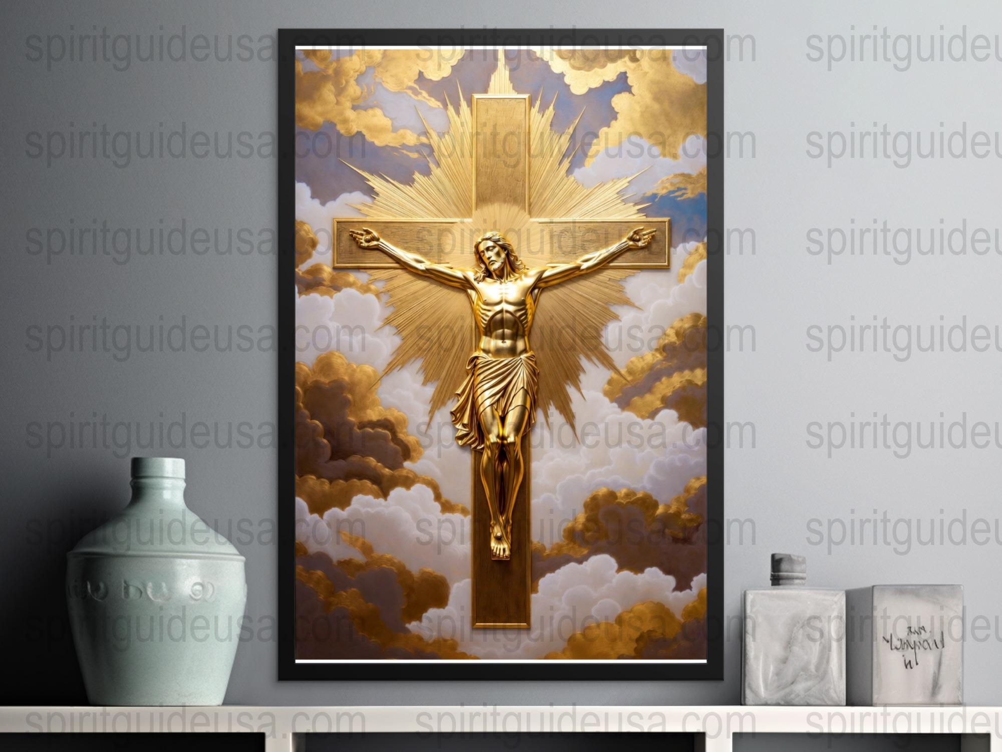Golden Jesus Christ on Cross Art Print, Religious Wall Decor, Christian Home Decoration, Inspirational Spiritual Poster, Cloud Background
