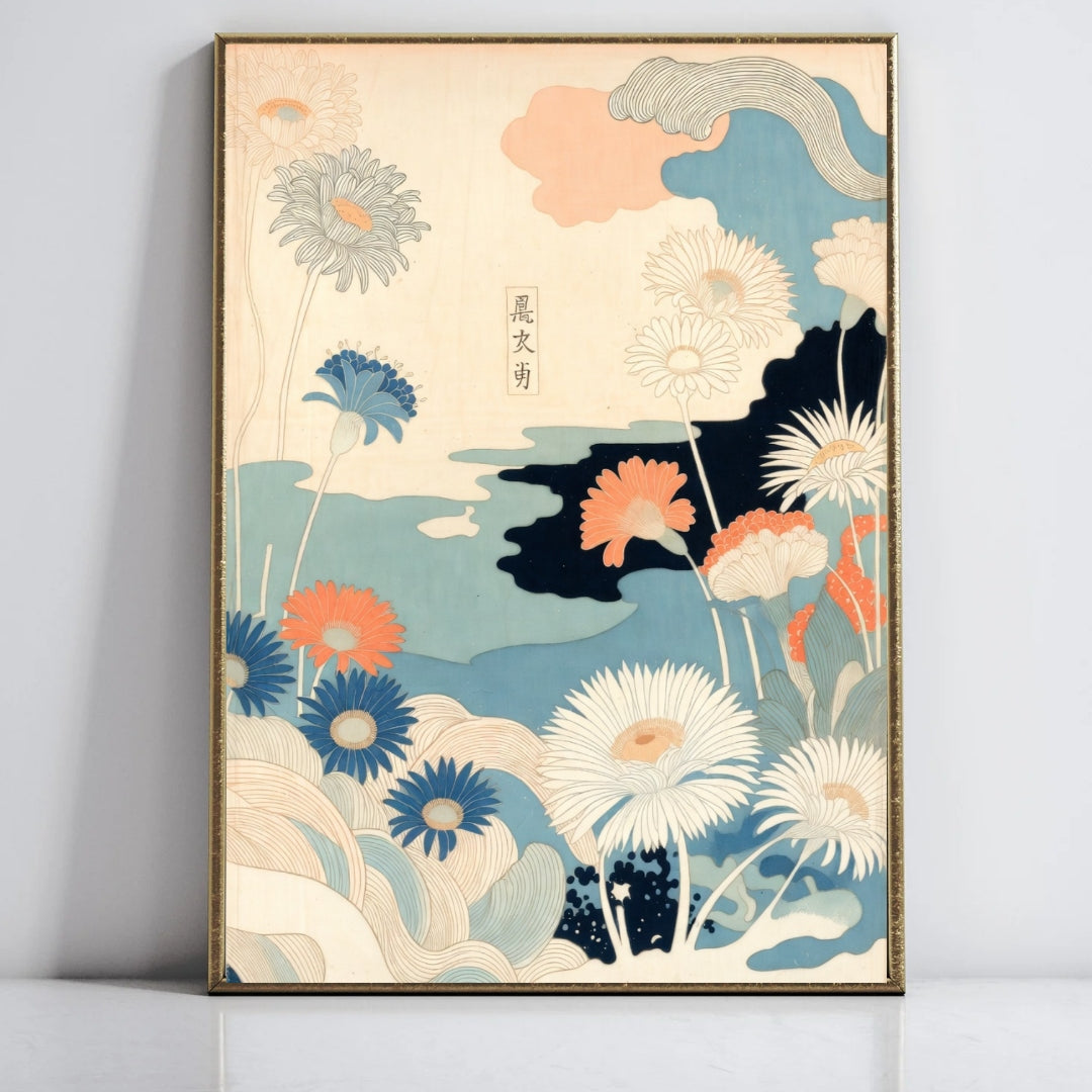 Vintage Japanese Floral Art Print, Antique Botanical Wall Decor, Asian Style Home Decoration