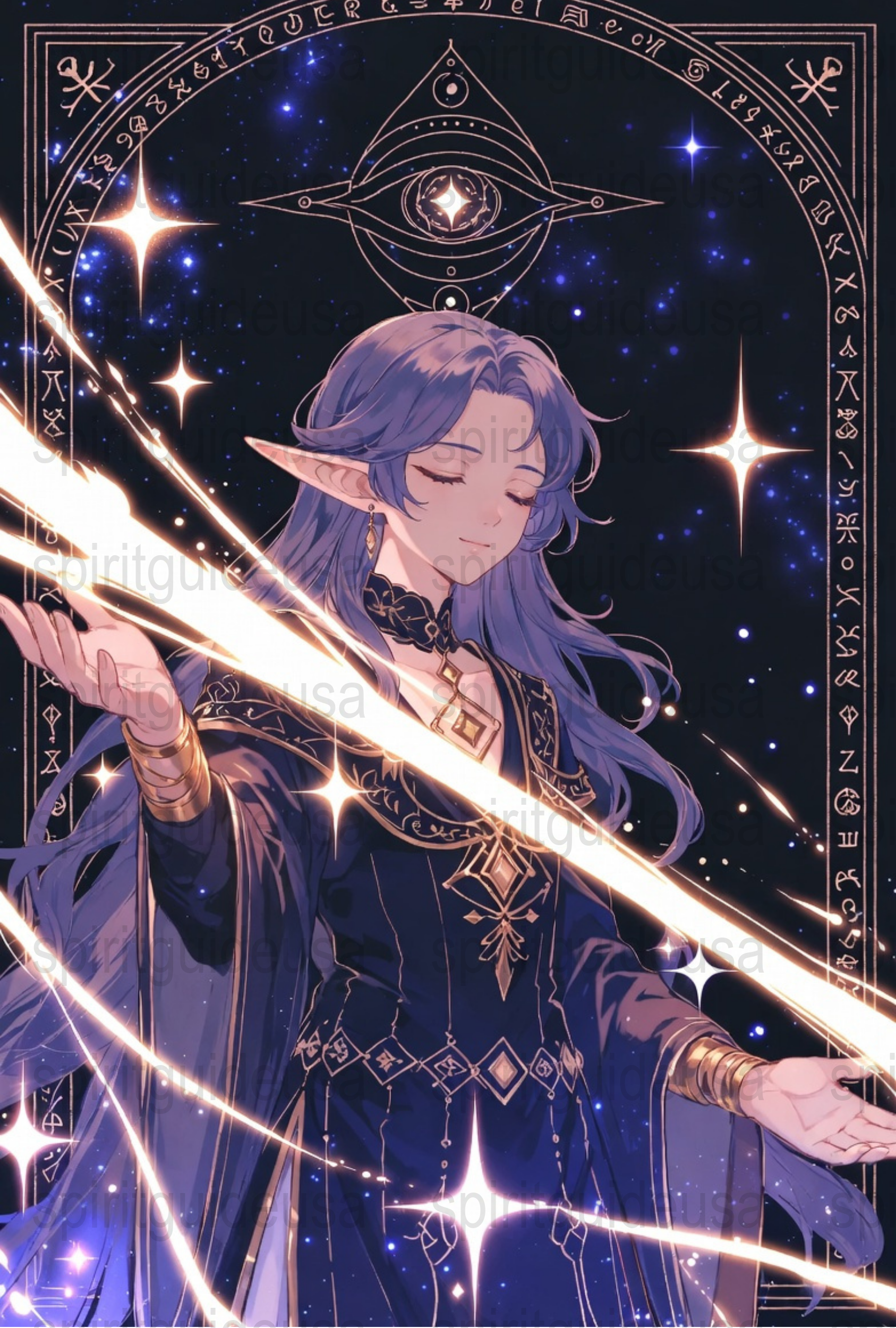 Mystical Anime Art Print, Starry Night Wizard Poster, Celestial Magic Wall Decor, Fantasy Illustration, Unique Gift Idea