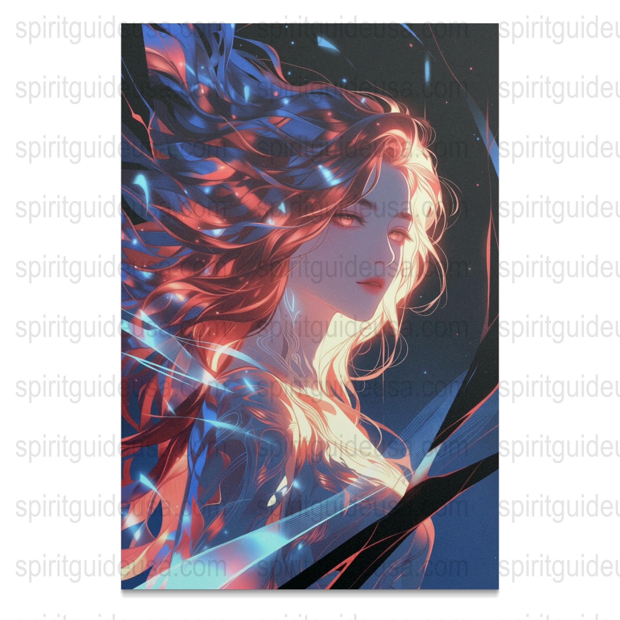Fantasy Art Print, Red and Blue Hair Woman, Mystical Wall Decor, Vibrant Poster, Modern Artwork for Home Decor