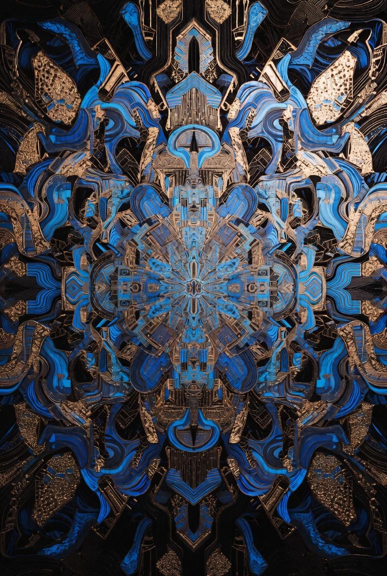 Abstract Blue and Gold Fractal Art Print, Modern Symmetrical Wall Decor, Digital Psychedelic Artwork, Unique Home Decoration