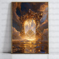 Golden Fantasy Gateway Canvas Print, Mystical Ocean Sunset Art, Majestic Clouds Wall Decor
