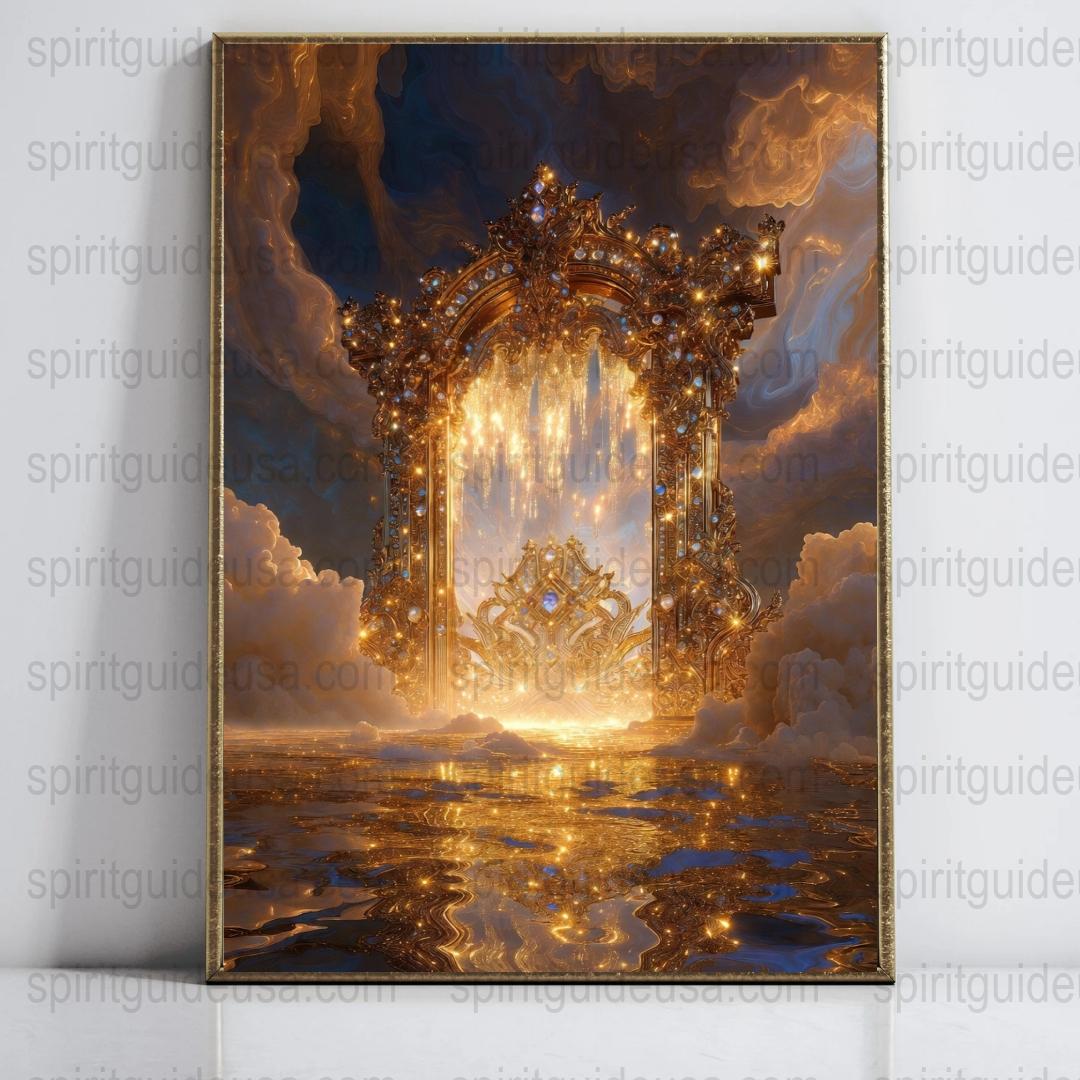 Golden Fantasy Gateway Canvas Print, Mystical Ocean Sunset Art, Majestic Clouds Wall Decor