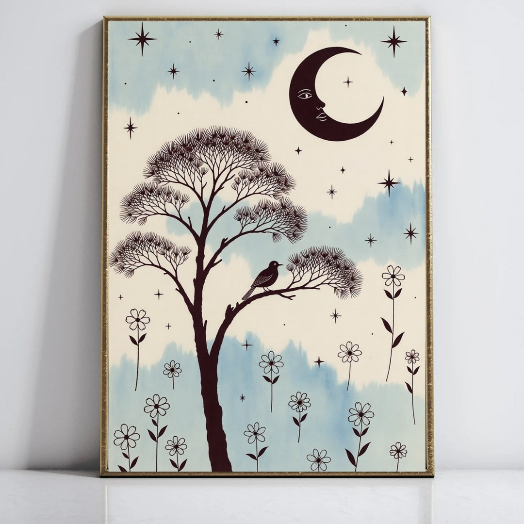 Celestial Moon and Stars Wall Art, Vintage Style Tree Painting, Boho Home Decor, Nature Inspired Artwork for Living Room or Bedroom