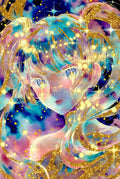 Anime Style Fantasy Art Poster, Magical Girl with Blue Eyes and Gold Stars, Cosmic Wall Art, Unique Anime Decor, Mystical Space-Themed