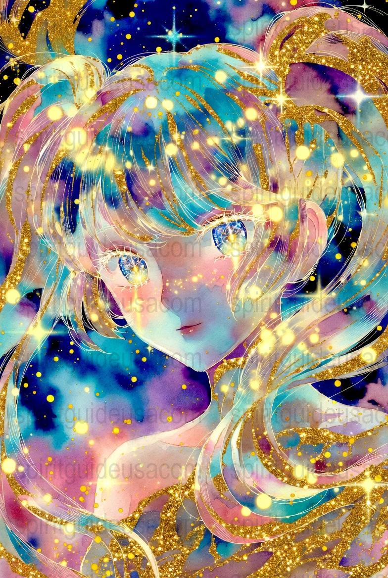 Anime Style Fantasy Art Poster, Magical Girl with Blue Eyes and Gold Stars, Cosmic Wall Art, Unique Anime Decor, Mystical Space-Themed